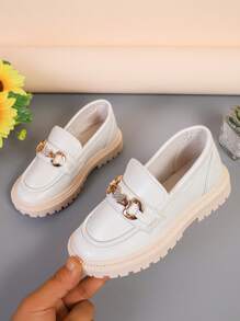 1 Pair Plus Size Girls' Ivory Soft Leather Shiny Rhinestone Butterfly Metal Buckle Decor Round Toe Flat Non-Slip Fashion Cute Princess Loafers, Suitable For 3-15 Years Old Female Students Daily Casual Party Holiday Wear, Spring/Autumn 2025 New (This Shoe Runs Large, Please Order One Size Down) - Beige - View 6
