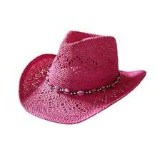 Sombreros de vaquera de paja con ojales y cuentas de corazón, estilo occidental, para hombres y mujeres - Rosa Fucsia - Ver 1