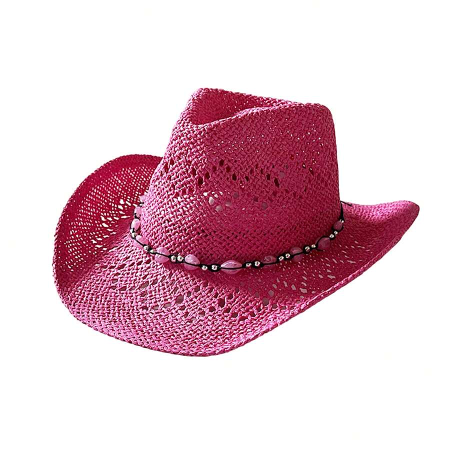 Sombreros de vaquera de paja con ojales y cuentas de corazón, estilo occidental, para hombres y mujeres - Rosa Fucsia - Ver 1