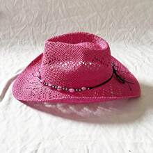 Sombreros de vaquera de paja con ojales y cuentas de corazón, estilo occidental, para hombres y mujeres - Rosa Fucsia - Ver 4