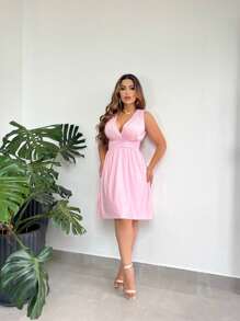 Women's Short Wedding Party Dress / Premium V Neckline / Elegant Casual Sexy Dress / Bridesmaid Dress / Graduation Dress / Engagement Dress - 淺粉色 - 查看 1