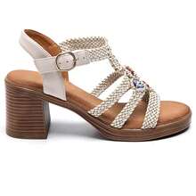 Heeled Sandals With Braided Strap And Beaded Details - Beige - View 4