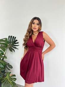 Women's Short Wedding Party Dress / Premium V Neckline / Elegant Casual Sexy Dress / Bridesmaid Dress / Graduation Dress / Engagement Dress - 紅木色 - 查看 3