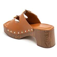 Thick-Soled Mules With Buckle And Rivet Details - Camel - View 3