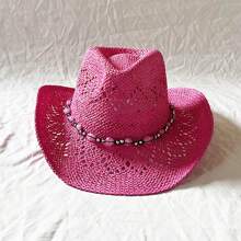 Sombreros de vaquera de paja con ojales y cuentas de corazón, estilo occidental, para hombres y mujeres - Rosa Fucsia - Ver 3