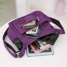 Borsa a tracolla in nylon con cerniera a grande capacità e molteplici tasche, borsa a spalla casual da donna