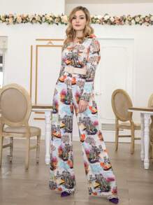 Palazzo de mujer estampado, sed completo ,conjunto para jardín  fajo misma tela del Palazzo - Beis - Ver 1