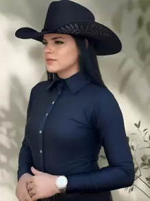 Body Country Com Stass Pedraria Manga Longa Bordado Texas Ana Castela Brilho Cowboy Rodeio Feminino - Azul Marinho - Visão 3