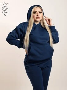Conjunto de dos piezas termico, calido y suave holgado unicolor casual, informal y deportivo de pantalon jogger holgado con bolsillos laterales y sudadera hoodie con capucha gorro, bolsillo tipo canguro delantero amplio y cordon central para ajustarlo unicolor perfecto para gimnasio o simplemente salir a la calle - Azul Marino - Ver 2