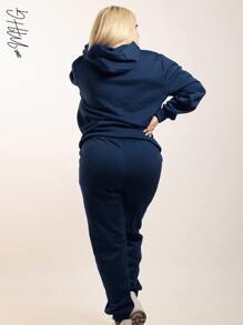 Conjunto de dos piezas termico, calido y suave holgado unicolor casual, informal y deportivo de pantalon jogger holgado con bolsillos laterales y sudadera hoodie con capucha gorro, bolsillo tipo canguro delantero amplio y cordon central para ajustarlo unicolor perfecto para gimnasio o simplemente salir a la calle - Azul Marino - Ver 3
