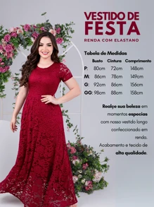 Vestido de Festa Longo Manga Curta Renda Casamento Madrinha Convidada - Marsala - Visão 3