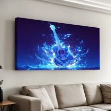 Blue Fire Guitar Canvas Print,  Musical Instrument Wall Art,  Water Splash Design,  Creative Home Decor,  Unique Guitar Artwork,High Quality, For New Year, Valentine's Day, Living Room, Bathroom, Bedroom, Kitchen, Framed Art