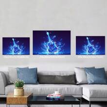 Blue Fire Guitar Canvas Print,  Musical Instrument Wall Art,  Water Splash Design,  Creative Home Decor,  Unique Guitar Artwork,High Quality, For New Year, Valentine's Day, Living Room, Bathroom, Bedroom, Kitchen, Framed Art