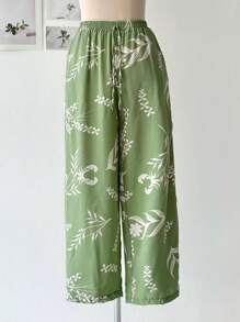 Wide-Leg Pants In Dune Fabric With Stretch Floral Print - Green - View 1