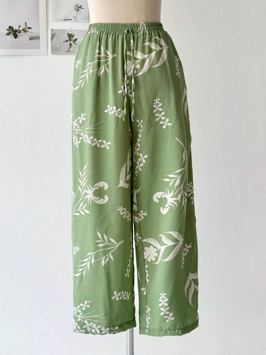 Wide-Leg Pants In Dune Fabric With Stretch Floral Print - Green - View 1