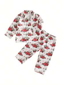 Toddler 2Pcs Christmas Pajamas Long Sleeve Red Truck/Tree Print Shirt And Pants Set Baby Loungewear - 白色 - 查看 3