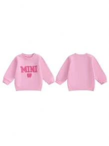 Mommy And Me Matching Outfits Christmas/Halloween Matching Sweatshirts Mama/Mini Letter And Bowknot Embroidery Long Sleeve Crewneck Pullover Shirt Blouse Top Mom And Daughter Matching Holiday Party Clothes - Pink - View 10