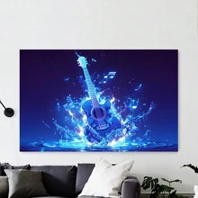 Blue Fire Guitar Canvas Print,  Musical Instrument Wall Art,  Water Splash Design,  Creative Home Decor,  Unique Guitar Artwork,High Quality, For New Year, Valentine's Day, Living Room, Bathroom, Bedroom, Kitchen, Framed Art