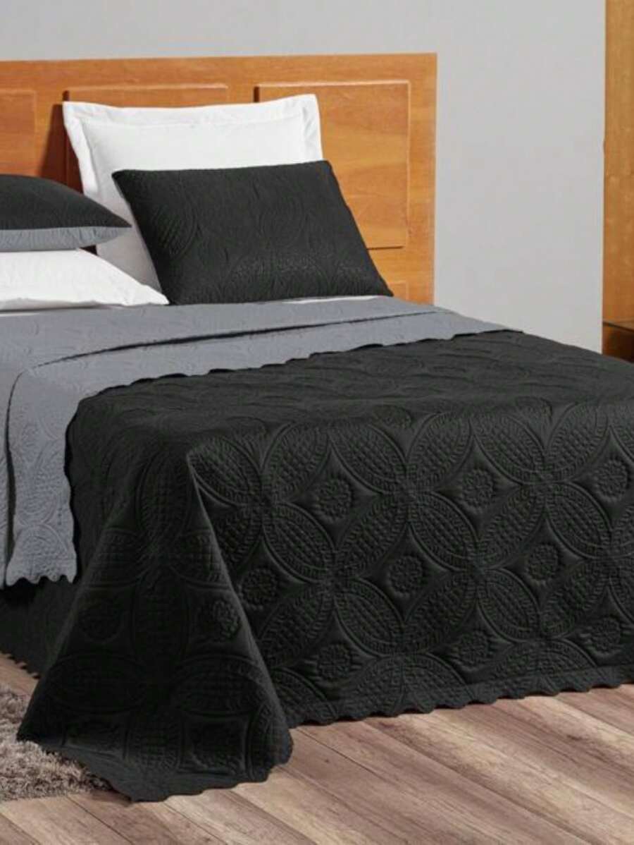 Isa Double-Sided Queen Bedspread - BLACK GRAY - View 1
