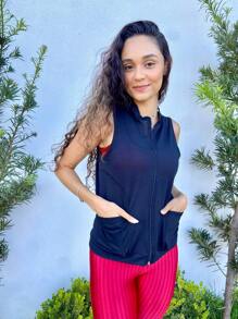 Colete academia uv zíper bolso fitness esportivo feminino casaco - Preto - Visão 2