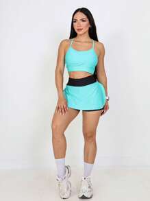 Fitness Set Shorts Skirt + Strappy Top With Padded Bra - Green - View 1