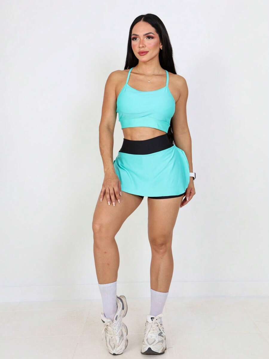 Fitness Set Shorts Skirt + Strappy Top With Padded Bra - Green - View 1