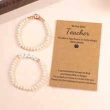 2pcs Vintage Acrylic Letter & Wood Bead Stretch Bracelets, Suitable For Men And Women, Graduation, Teacher's Day Gift
