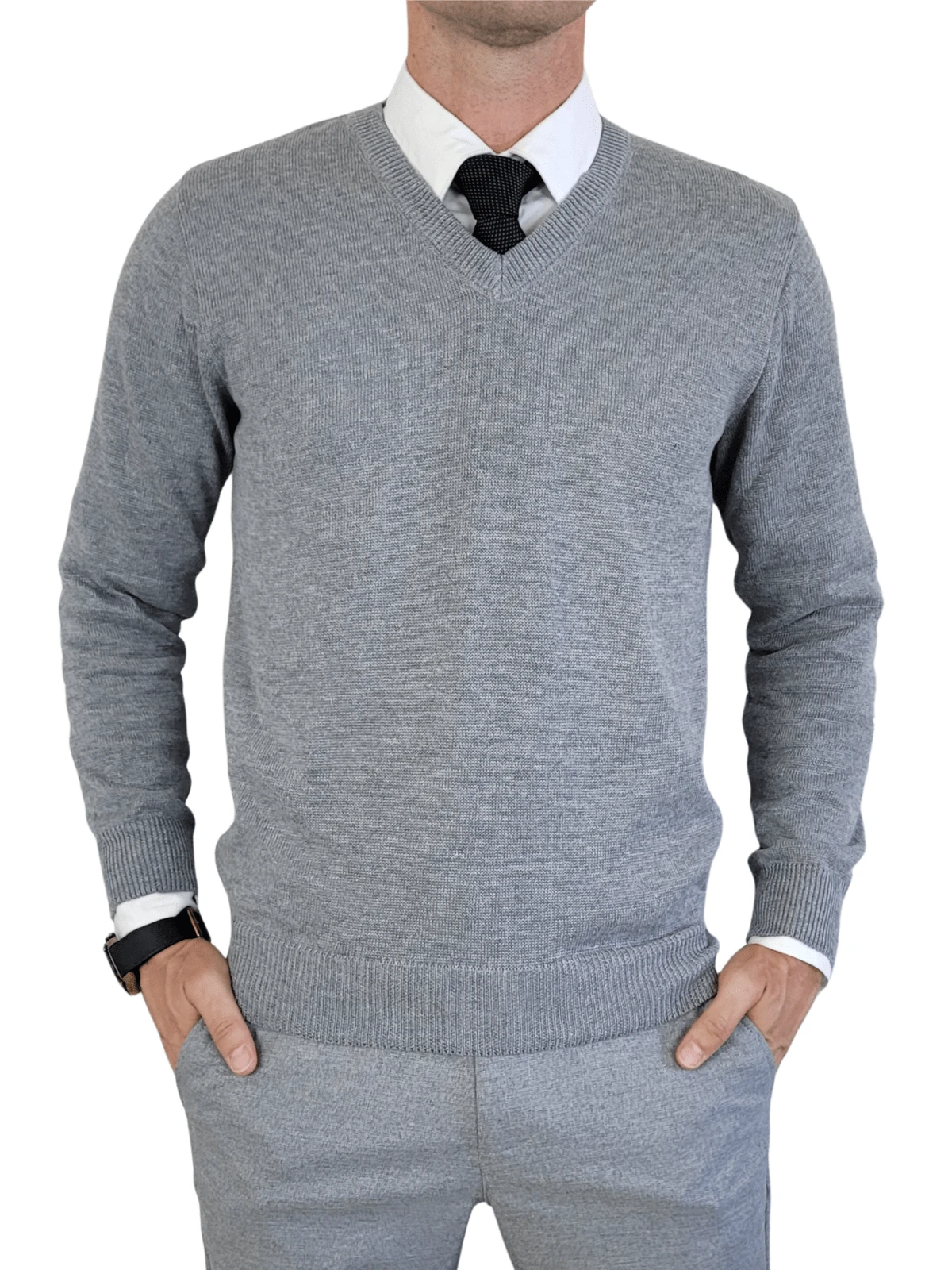 Men's Premium Knitted Sweater Blouse With V-Neck - Grey - View 1
