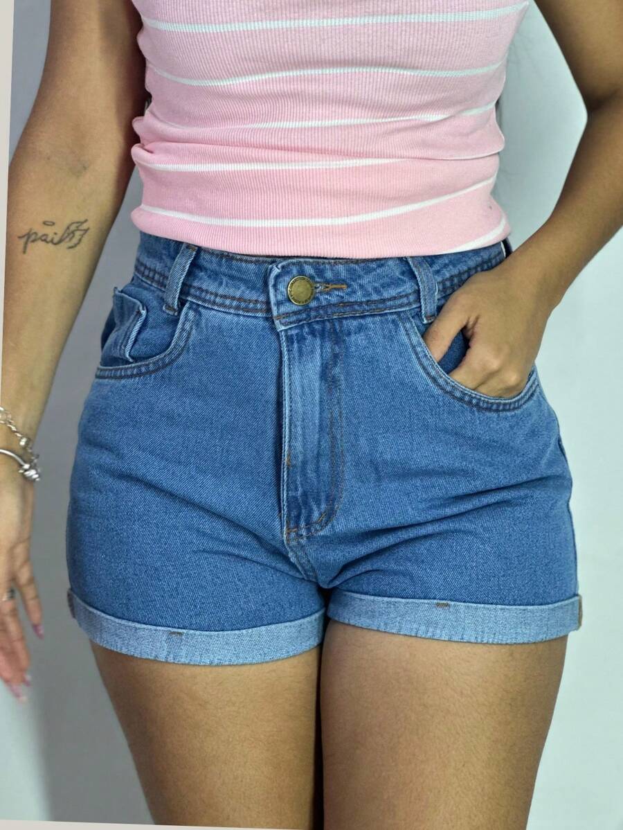 Short Mom Jeans, Plain And With Details - 藍色 - 查看 1