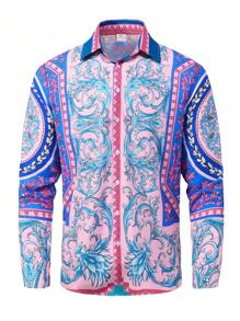 Men's Floral Print Long Sleeve Single-Breasted Style Shirt - Pink - View 1