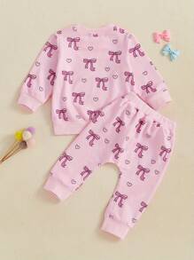 Baby Girls 2-Piece Outfit, Bow Print Long Sleeve Crew Neck Sweatshirt With Elastic Waist Sweatpants Fall Clothes