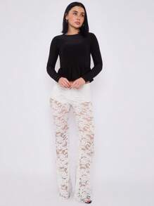Lace Detail High Waist Flared Trousers - White - View 1