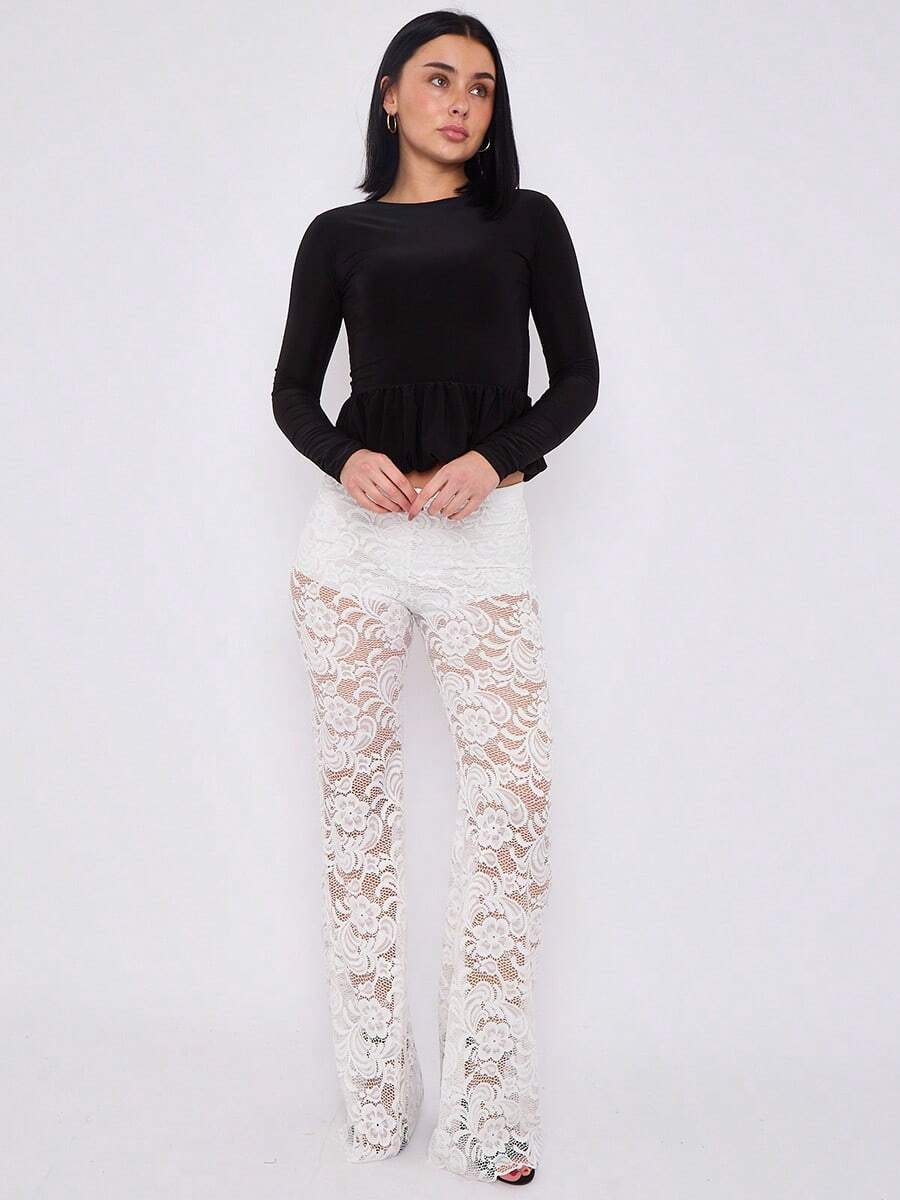 Lace Detail High Waist Flared Trousers - White - View 1
