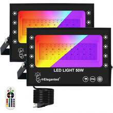 ELEGANTED 50W Reflectore Led Exterior RGB+UV Luz Negra 2 en 1 Actualizado, Reflector De Colores Para Neon Fiesta Navidad Halloween Jardín, IP66 Impermeable, Uv 395-405nm 2 paquetes - 50 W UV + RGB - Ver 1