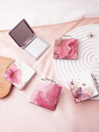 1pc Textured Floral Series Portable Vanity Mirror, Foldable, Lightweight, Ultra-Thin, Convenient Hand Mirror, Durable PU Leather, Metal Vacuum Plating, Suitable For All Scenarios And People, Foldable Square Pocket Mirror