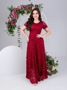 Vestido de Festa Longo Manga Curta Renda Casamento Madrinha Convidada - Marsala - Visão 7