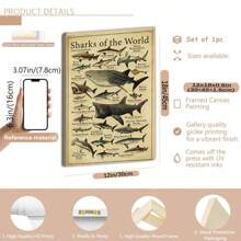 Shark Species Wall Art Poster 1PC - Vintage Ocean Canvas Posters For Home & Office Decor, Optional Frame Educational Marine Life Illustration, Ideal For Bedroom Decor, Living Room Decor, Classroom Decor- Perfect Gift For Sea Life Enthusiasts , Wall Art With Frame