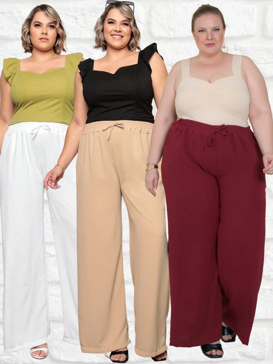 Kit 3 Plus Size Women's Wide Leg Pants From Duna - Vino Blanco Beige - Ver 1