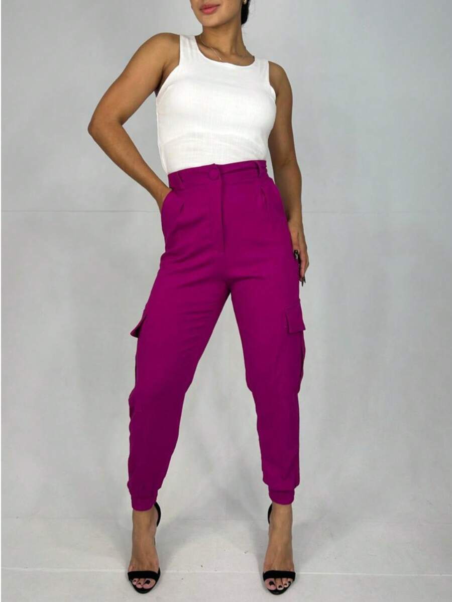 Women's Tailored Jogger Pants High Waist With Side Pockets - 紫紅色 - 查看 1