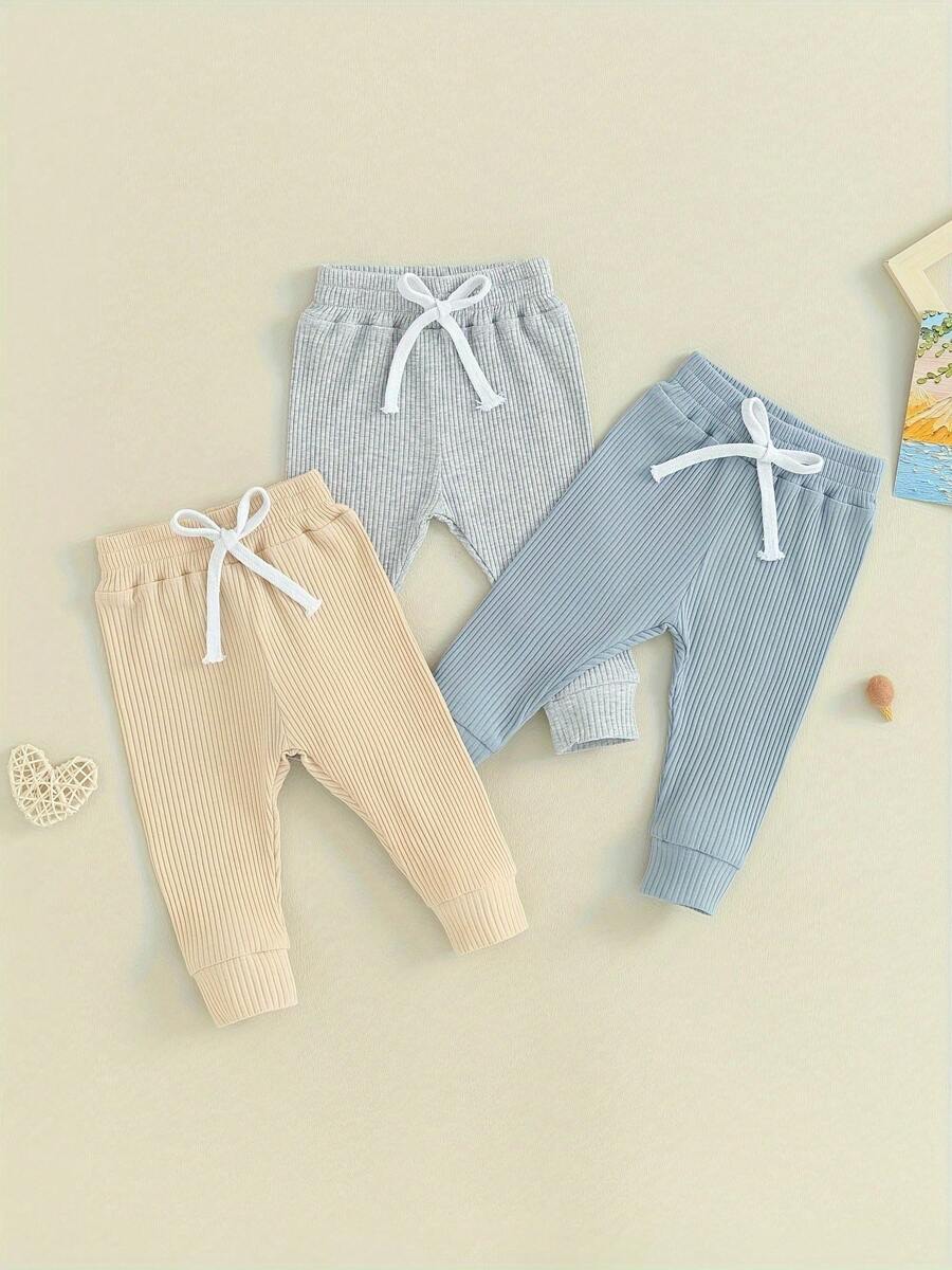 Toddler 3 Piece Long Pants Winter Baby Solid Color Slim Fit Ribbed Bottom Infant Knitted Pull-Up Pants