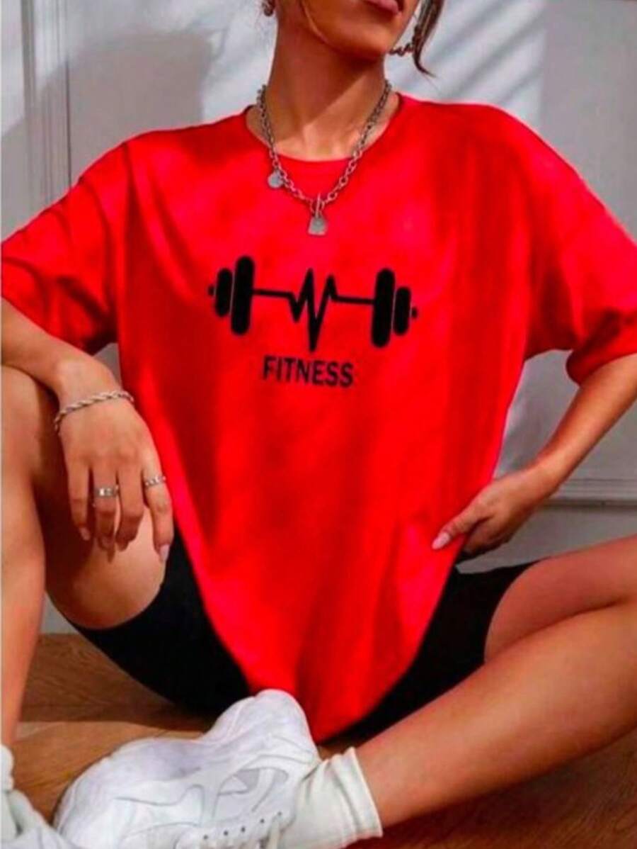 camisa feminina 100% algodão estampa academia - Vermelho - Visão 1