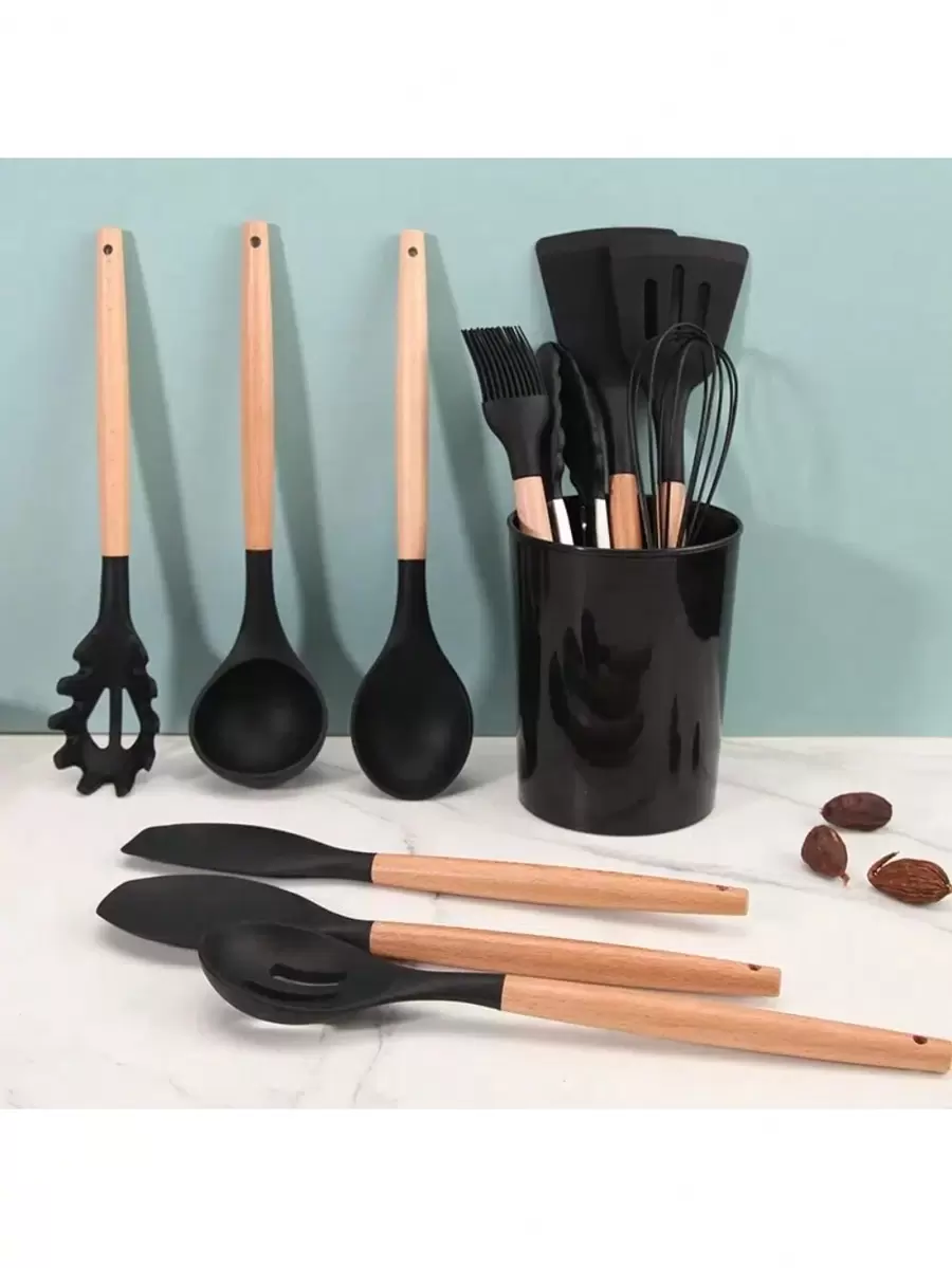 12 Piece Silicone Kitchen Utensil Set, Cooking Utensil Set With Wooden Handle And Storage Bucket Set Of Spatula, Shovel, Spoon, Whisk, Heat Resistant And Non-Stick Tongs. Household Items - 黑色 - 查看 1