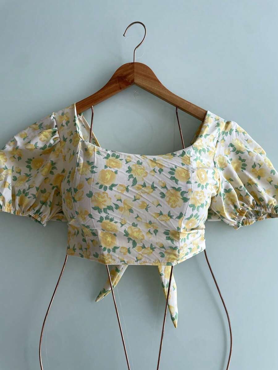 Corset Blouses With New Printed Bodice - Yellow - View 1