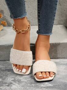 大码女式一脚蹬平底凉鞋，黑色方头水钻防滑软底系带拖鞋，搭配连衣裙时尚，适合海滩，家庭主妇之选 - 米色 - 查看 2