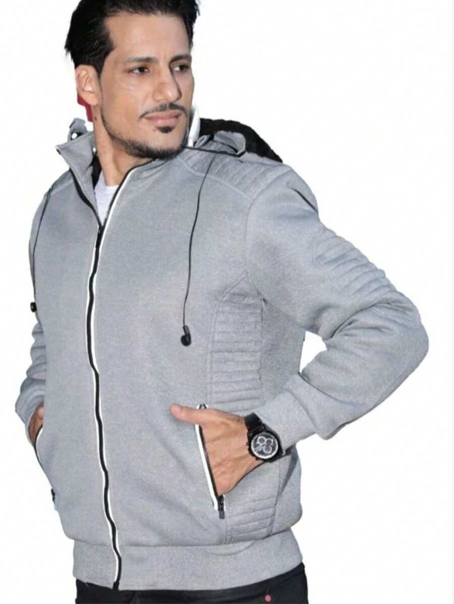 Jacket Cold Weather Sweatshirt Lined With Headphones Removable Hood - Light Grey - View 1