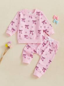 Baby Girls 2-Piece Outfit, Bow Print Long Sleeve Crew Neck Sweatshirt With Elastic Waist Sweatpants Fall Clothes