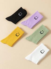 5 pares de calcetines de media pantorrilla con estampado de cara sonriente de color caramelo para mujer, estilo versátil para la vuelta al cole, cómodos, suaves y transpirables, adecuados para uso diario, informal, deportes, regalos, parejas, etc., para todas las estaciones