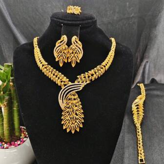 1 套 5 件首饰套装，1 条项链，1 条手链，1 枚戒指，2 个耳环，中东/迪拜女士婚礼首饰套装，欧洲/非洲新娘婚礼首饰套装项链手链耳环戒指 5 件