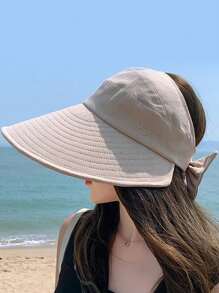 Damen Sommer Sonnenhut mit breiter Krempe, UV-Schutz, offenes Design für Pferdeschwanz, Lässig, Boho, Retro, Elegant, aus Polyester, geeignet für Frühling und Sommer