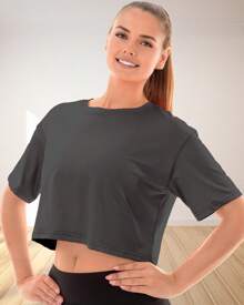 Crop Top Deportivo Mujer Lycra Dry Fit Ropa Deportiva Dama Camiseta Unicolor Mangas Cortas Hombros Caídos Cuello Redondo Ombliguera Top Gym Yoga Running Holgada Relaxed Fit Fitness - Gris - Ver 3
